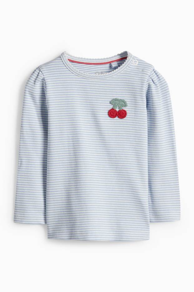 Baby Mädchen - Kirsche - Baby-Crochet-Langarmshirt - gerippt - gestreift - hellblau