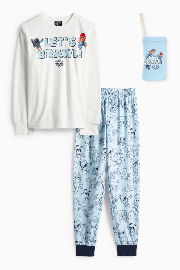 Enfants garçons - Brawl Stars - ensemble - pyjama en polaire et pochette à portable - 3 pièces - blanc / bleu clair