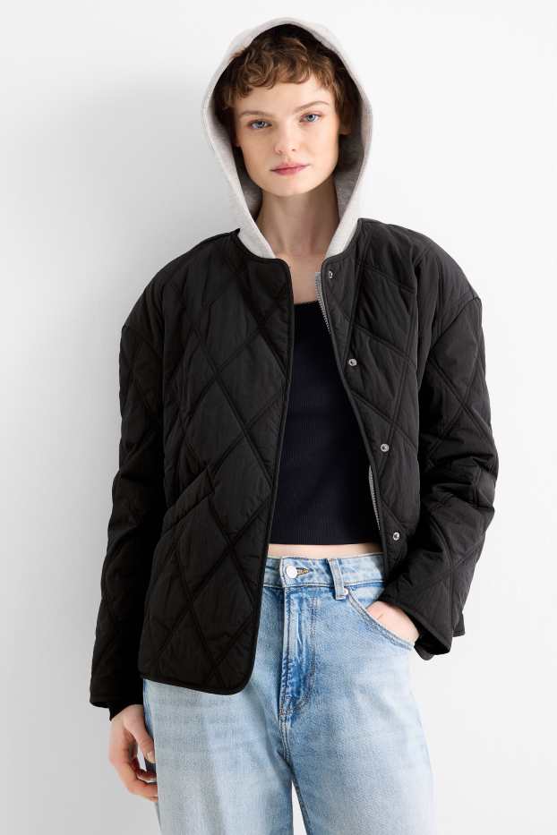 Damen - Steppjacke mit Kapuze - schwarz