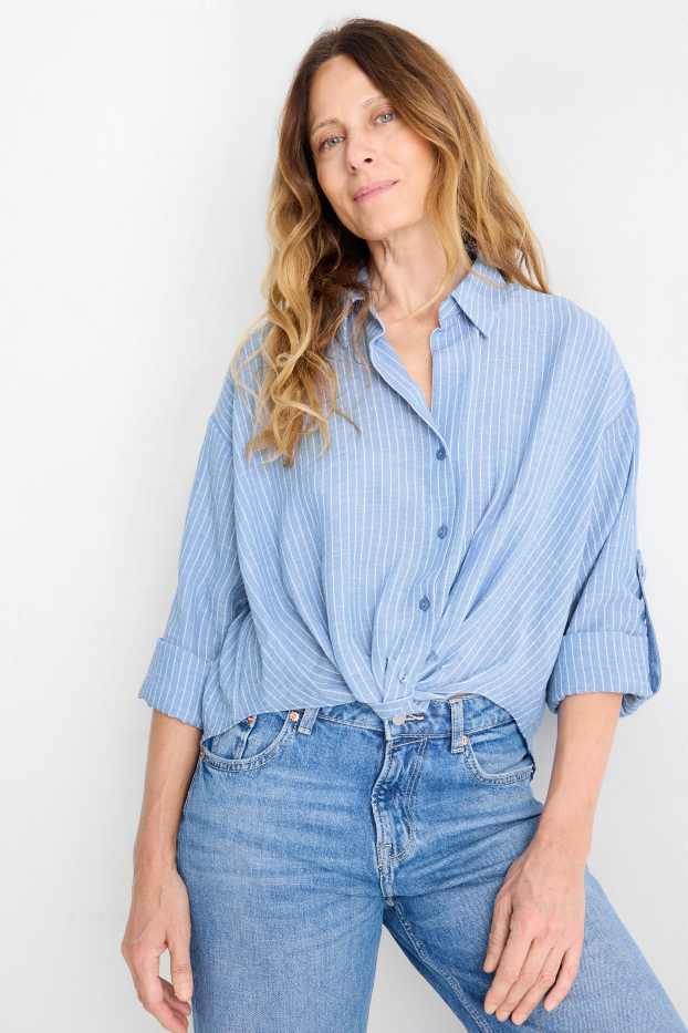 Dames - Blouse met knoop in de stof - gestreept - blauw