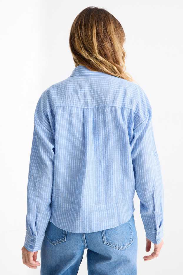Dames - Blouse met knoop in de stof - gestreept - blauw