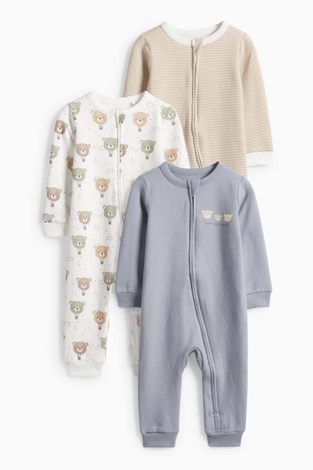 Unisex - Set van 3 - teddybeer - babypyjama - wit / grijs