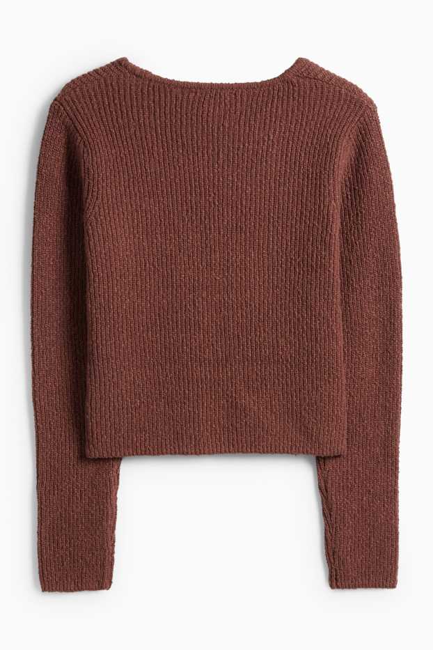 Women - Cardigan - ribbed - dark brown