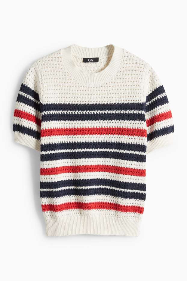 Dames - Gebreide trui - korte mouwen - gestreept - crème wit