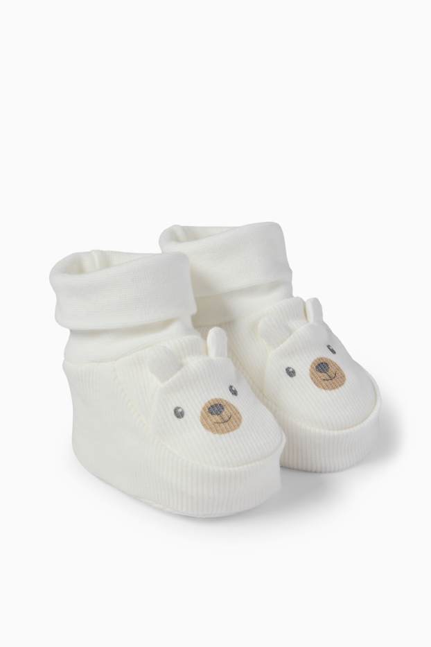 Unisex - Bärchen - Baby-Krabbelschuhe - gerippt - weiß
