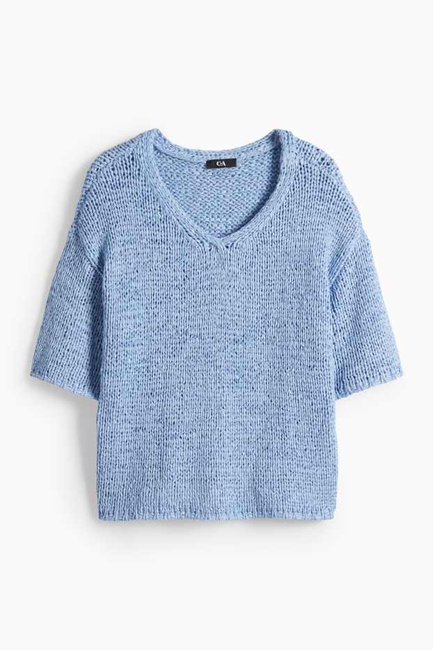 Dámské - Pletený svetr - s krátkým rukávem - světle modrá