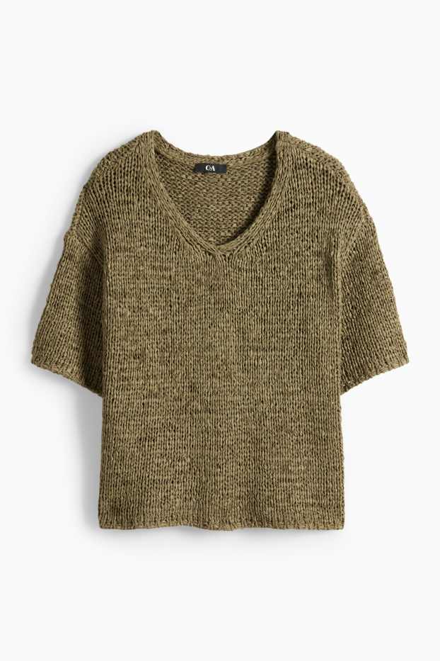 Femei - Pulover tricotat - mânecă scurtă - verde închis