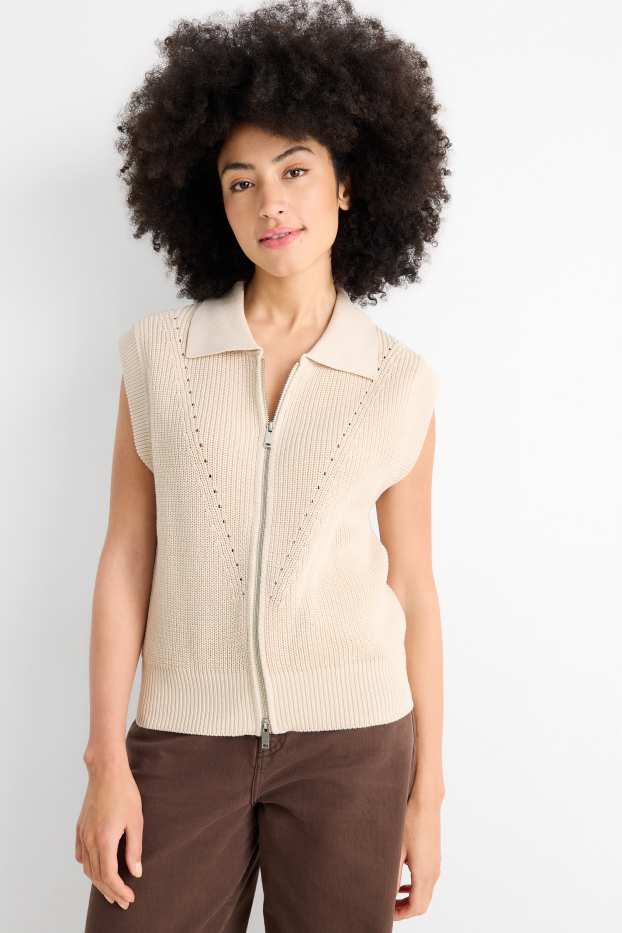 Femmes - Gilet en maille - finition côtelée - blanc crème