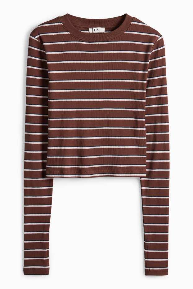 Donna - Maglia a maniche lunghe - slim fit - a coste - a righe - marrone