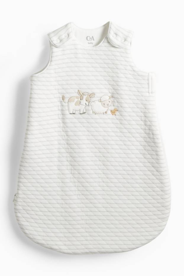 Baby: jongens - Koe, schaap en kuiken - babyslaapzak - 0 tot 4 maanden - wit