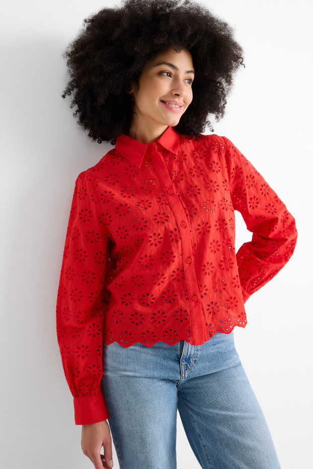 Femei - Bluză - broderie englezească - roșu