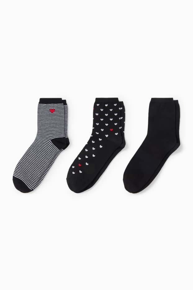 Damen - Multipack 3er - Socken mit Motiv - Herz - schwarz