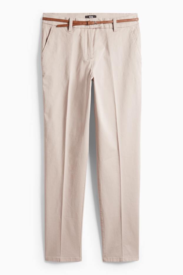 Damen - Stoffhose mit Gürtel - Mid Waist - Tapered Fit - hellbeige