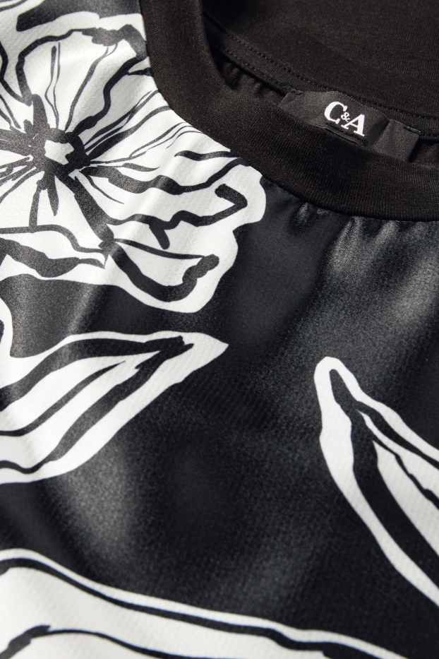 Dámské - Tričko - regular fit - s květinovým vzorem - černá/bílá