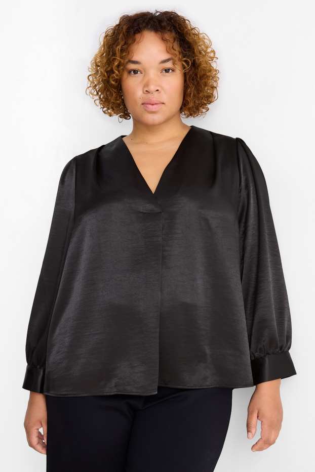 Women - V-neck satin blouse - black