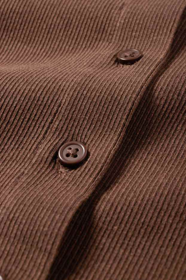 Dámské - Krátké tričko s dlouhým rukávem - slim fit - žebrované - tmavohnědá