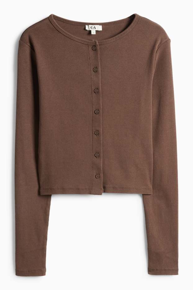 Dámské - Krátké tričko s dlouhým rukávem - slim fit - žebrované - tmavohnědá