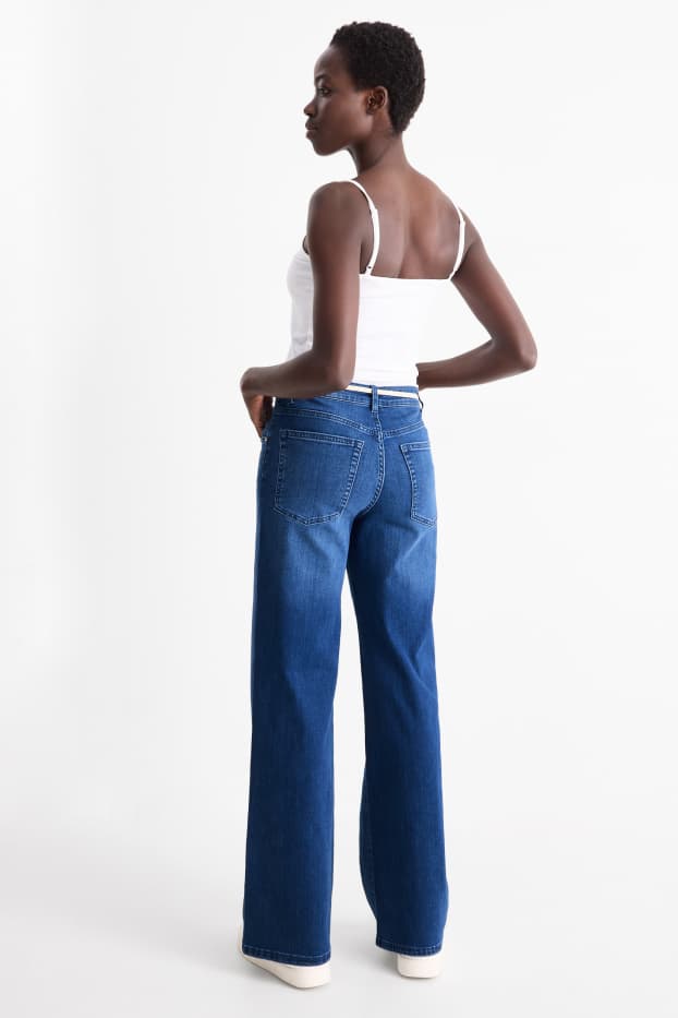 Dames - Wide leg jeans met riem - mid waist - jeansblauw
