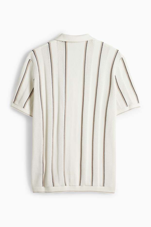 Pánské - Pletená košile - regular fit - klopový límec - pruhovaná - krémově bílá