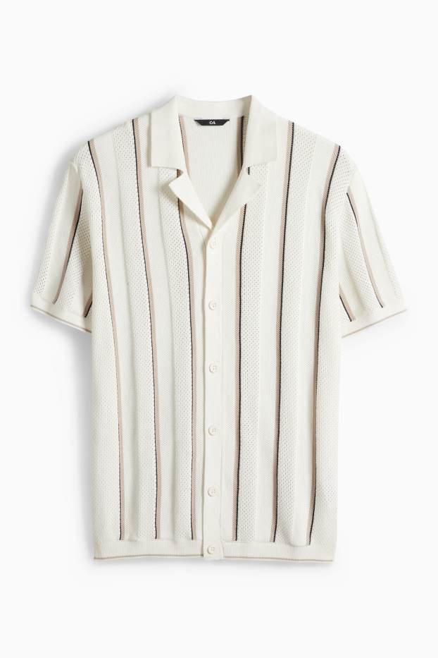 Pánské - Pletená košile - regular fit - klopový límec - pruhovaná - krémově bílá