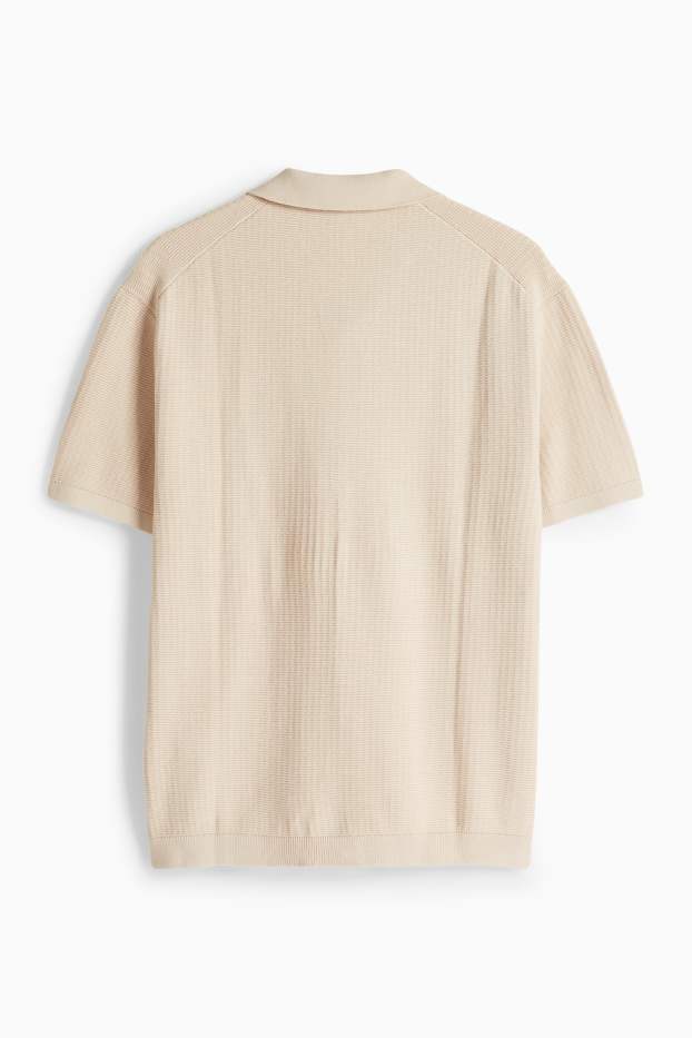 Pánské - Pletená polokošile - relaxed fit - strukturovaná - světle béžová