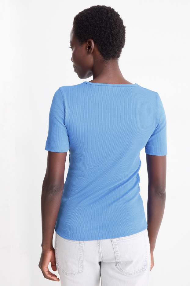 Femmes - Lot de 2 - T-shirt - slim fit - finition côtelée - bleu / noir