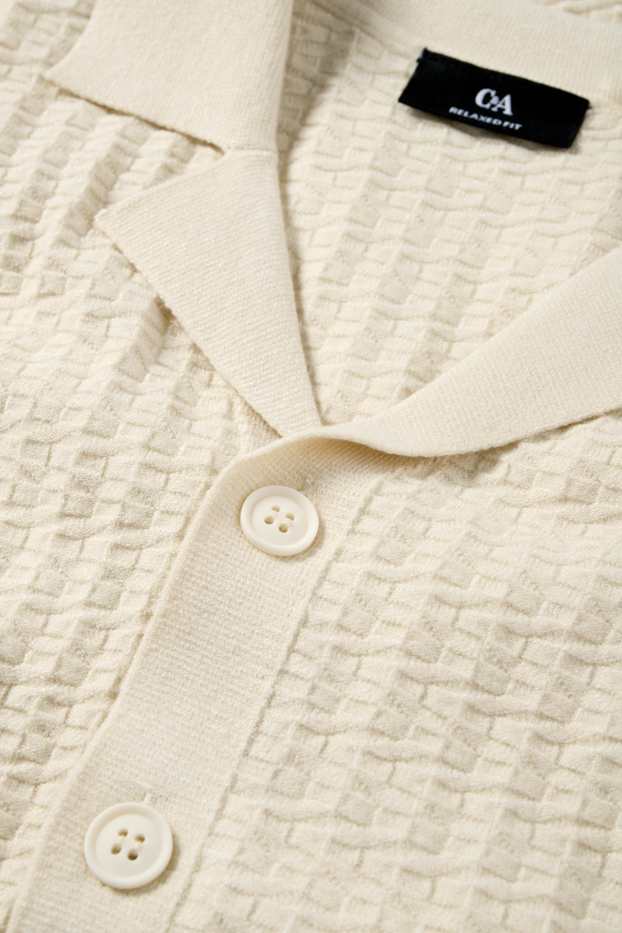 Men - Knitted shirt - regular fit - lapel collar - textured - light beige