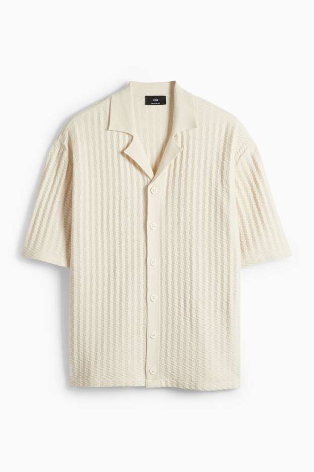 Men - Knitted shirt - regular fit - lapel collar - textured - light beige