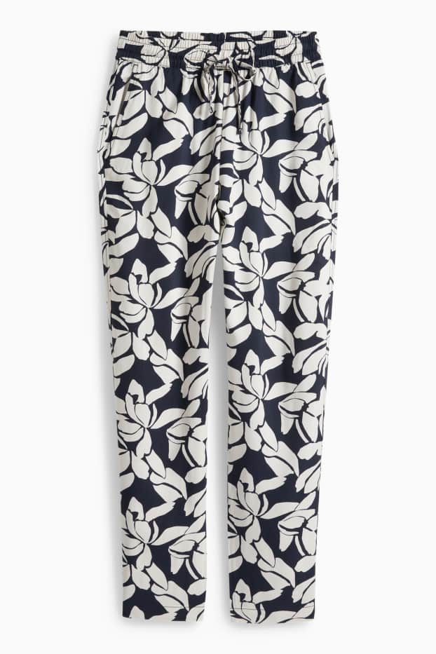 Damen - Stoffhose - High Waist - Tapered Fit - geblümt - dunkelblau / cremeweiss