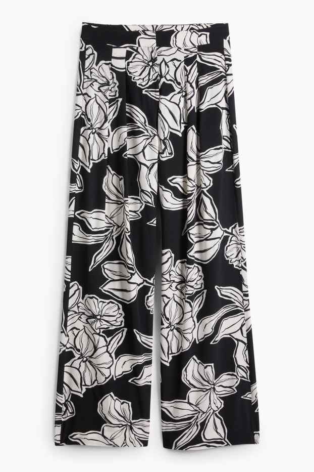 Donna - Pantaloni di stoffa - vita alta - gamba larga - nero / bianco