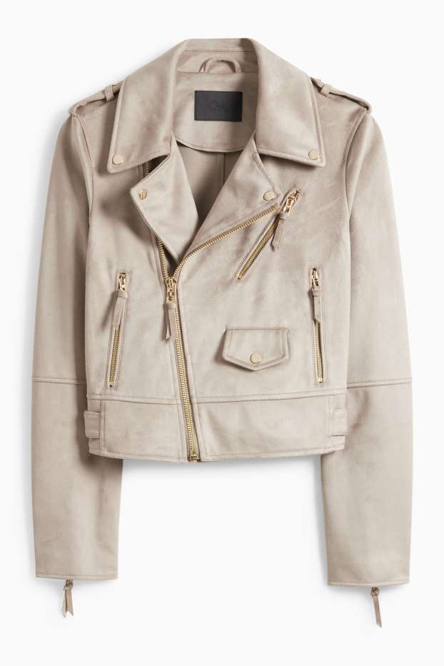 Damen - Bikerjacke - Velourslederimitat - grau