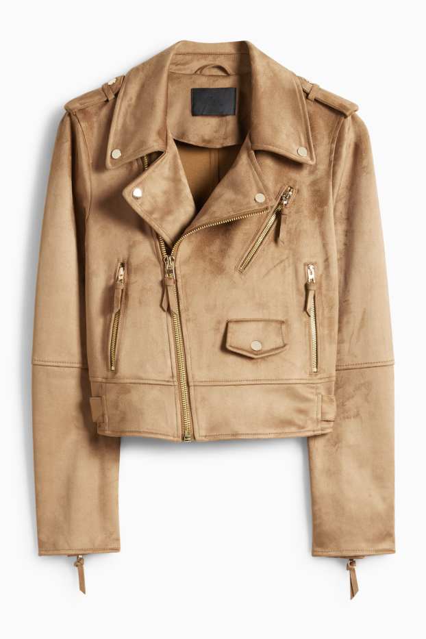 Damen - Bikerjacke - Velourslederimitat - braun