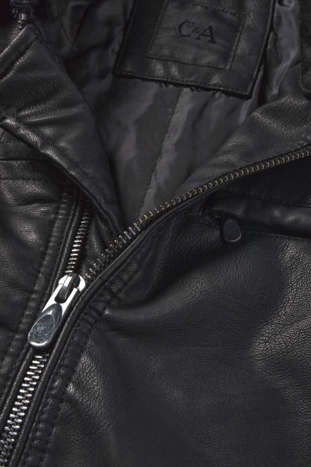 Hommes - Blouson motard à capuche - matière synthétique - noir