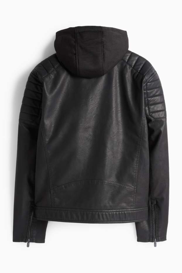 Hommes - Blouson motard à capuche - matière synthétique - noir