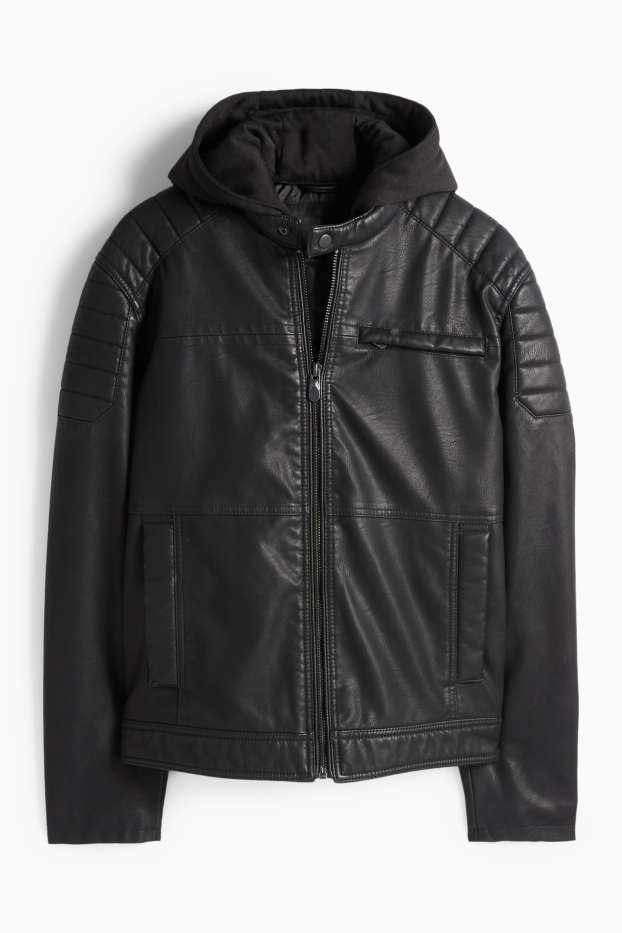 Hommes - Blouson motard à capuche - matière synthétique - noir