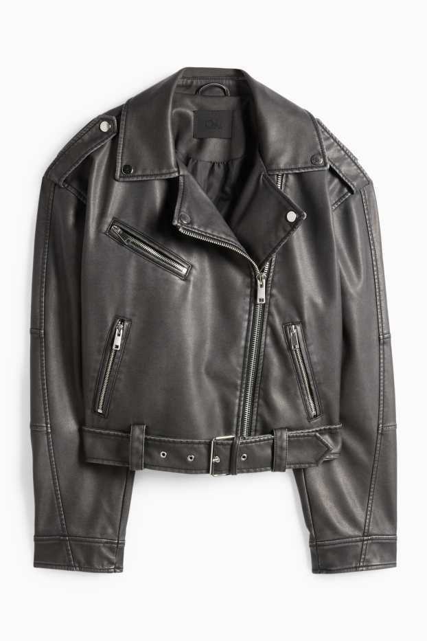 Dames - Bikerjack met ceintuur - imitatieleer - zwart