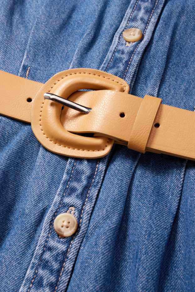 Damen - Jeans-Blusenkleid mit V-Ausschnitt und Gürtel - jeansblau