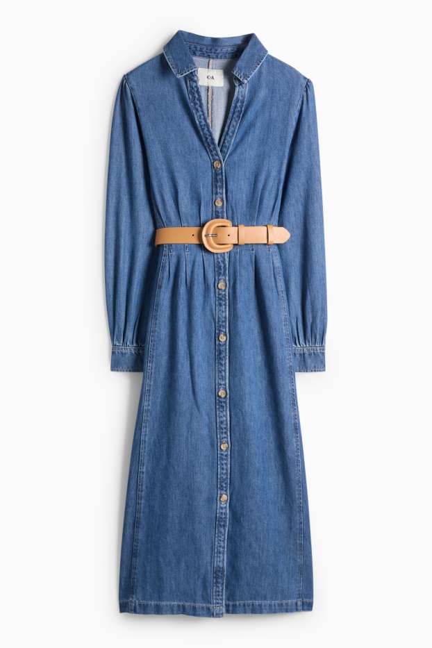 Damen - Jeans-Blusenkleid mit V-Ausschnitt und Gürtel - jeansblau