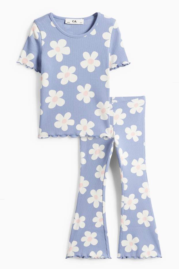 Enfants filles - Fleur - ensemble - T-shirt et flared legging - finition côtelée - bleu / blanc