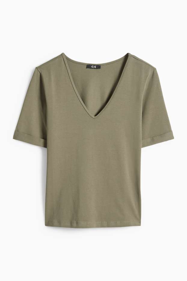Women - V-neck T-shirt - slim fit - dark green