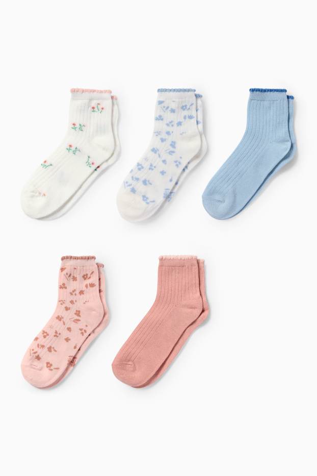 Copii - Fete - Multipack 5 perechi - flori - șosete cu motive - reiate - albastru deschis
