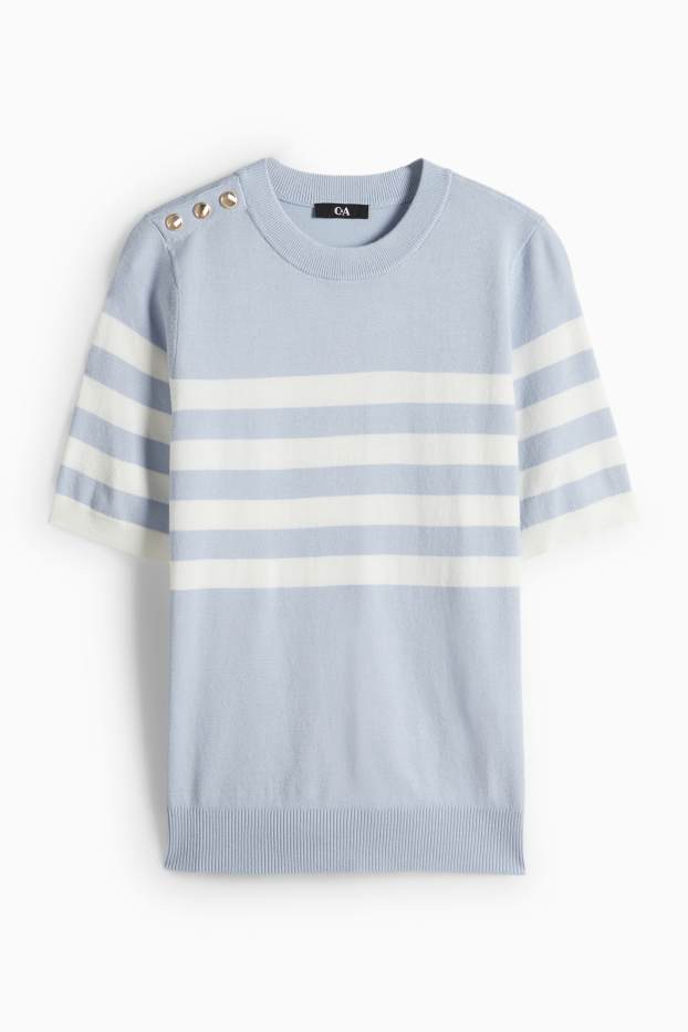 Women - Knitted jumper - short sleeve - striped - white / light blue