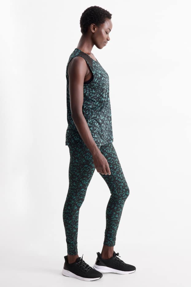 Damen - Sport-Leggings - 4 Way Stretch - gemustert - schwarz / türkis