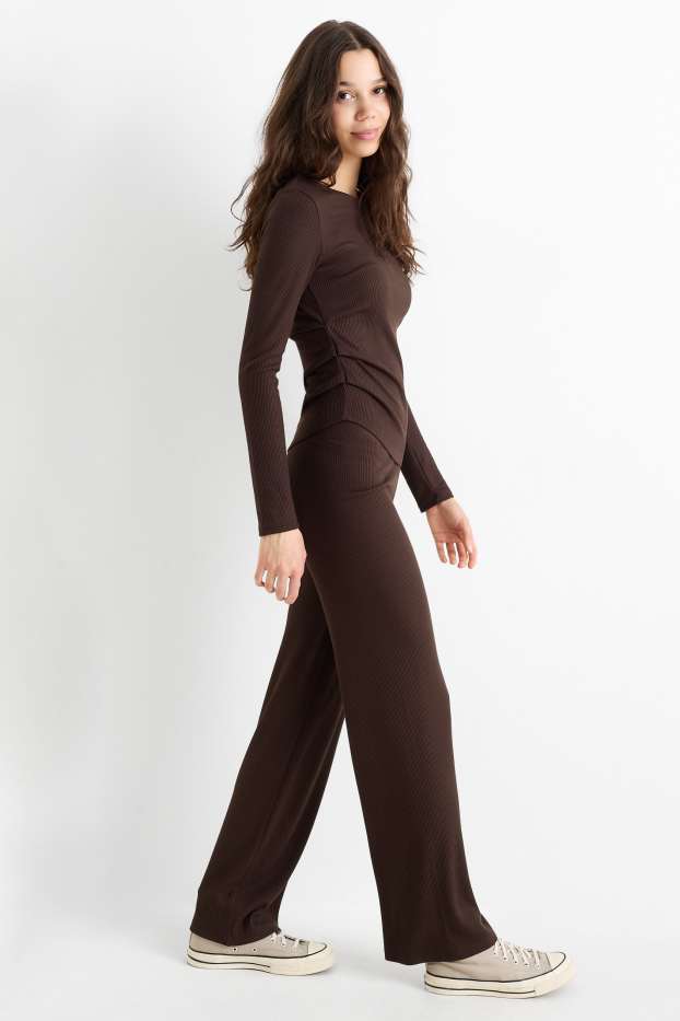 Femmes - Pantalon de jogging - finition côtelée - marron foncé