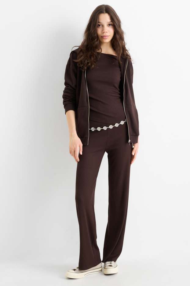 Femmes - Pantalon de jogging - finition côtelée - marron foncé