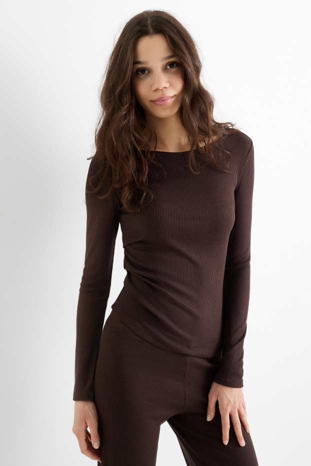 Femmes - Haut à manches longues - slim fit - finition côtelée - marron foncé