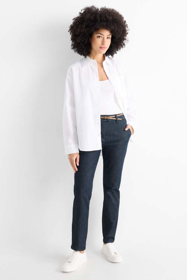 Dámské - Plátěné kalhoty s páskem - mid waist - tapered leg - džínový vzhled - džíny - tmavomodré