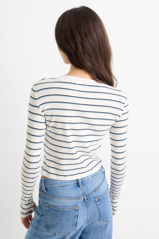 Damen - Langarmshirt - Slim Fit - gerippt - gestreift - blau / weiss