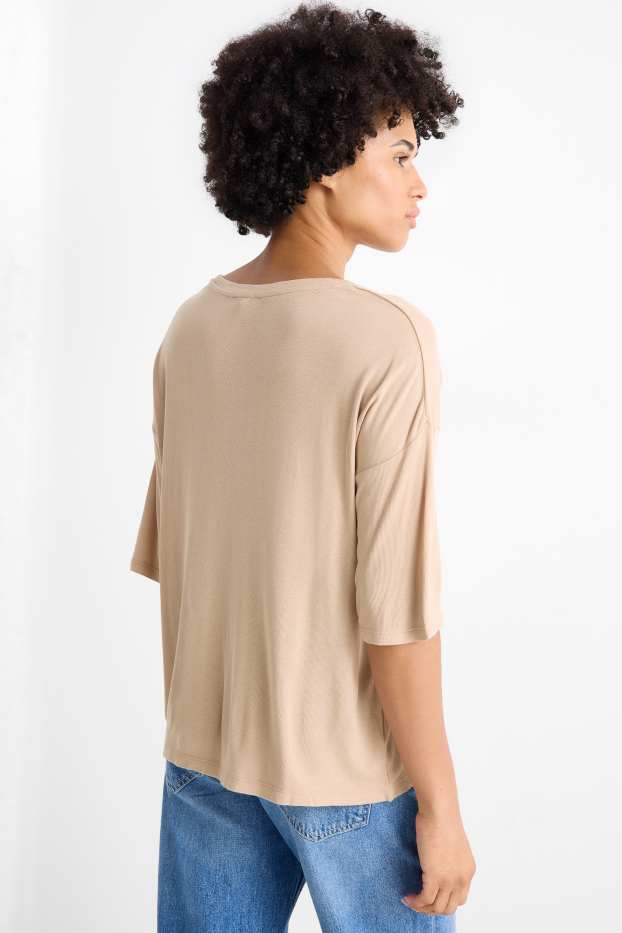 Dámské - Tričko - relaxed fit - žebrované - béžová