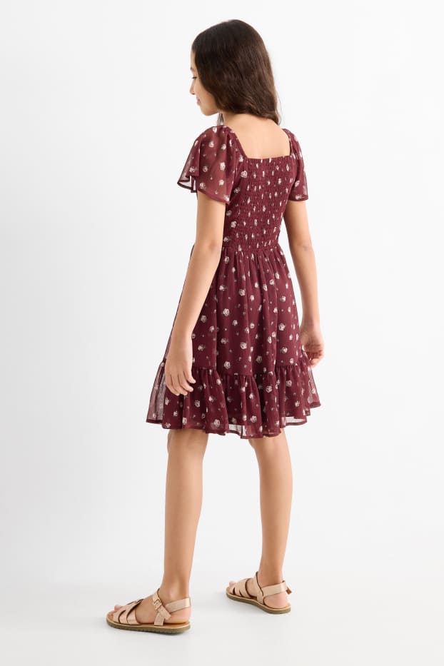 Kinder Mädchen - Chiffon-Kleid - geblümt - gesmokt - bordeaux